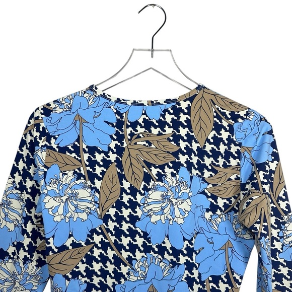 J.McLaughlin Catalina Cloth Top Small Blue Floral Houndstooth 3/4 Sleeve Preppy - Picture 3 of 10